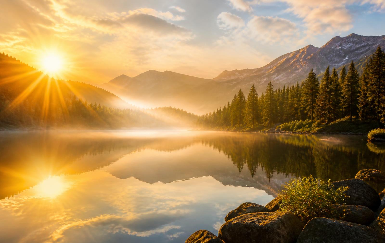 Golden sunrise over a calm mountain lake surrounded by pine forest